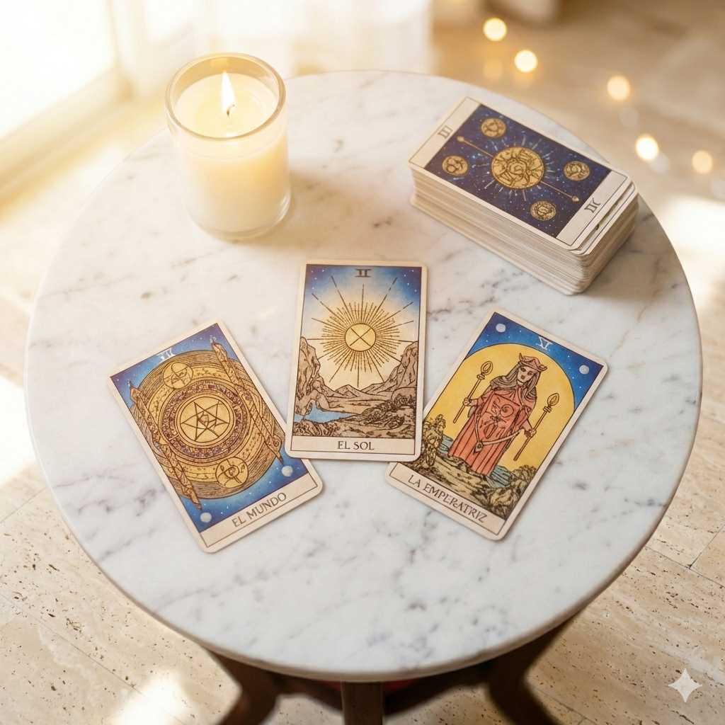 Mesa con tirada de cartas de Tarot, cristales y elementos sagrados